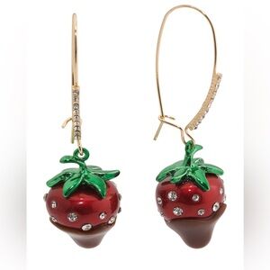 Betsey Johnson Chocolate Dipped Red Strawberry Drop Earrings Crystal Accents NWT
